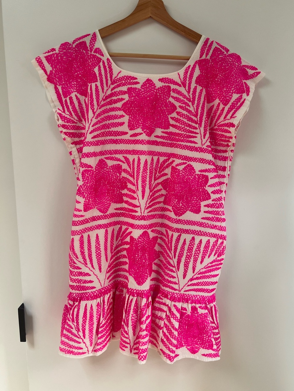 Pink and White Floral Embroidered Folk Art Dress handmade